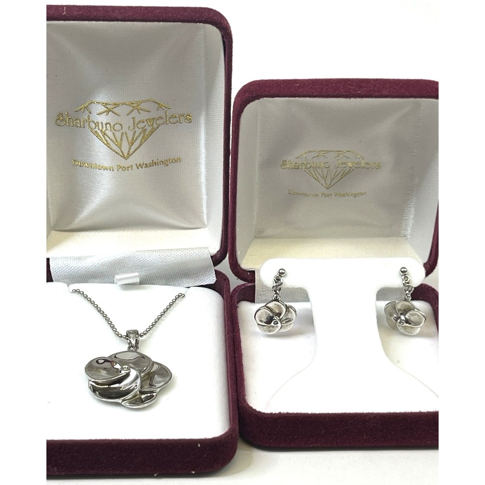 Sterling Silver‎ 925 Flower Jewelry Set Necklace Earrings Diamond Center Gift - Picture 11 of 11